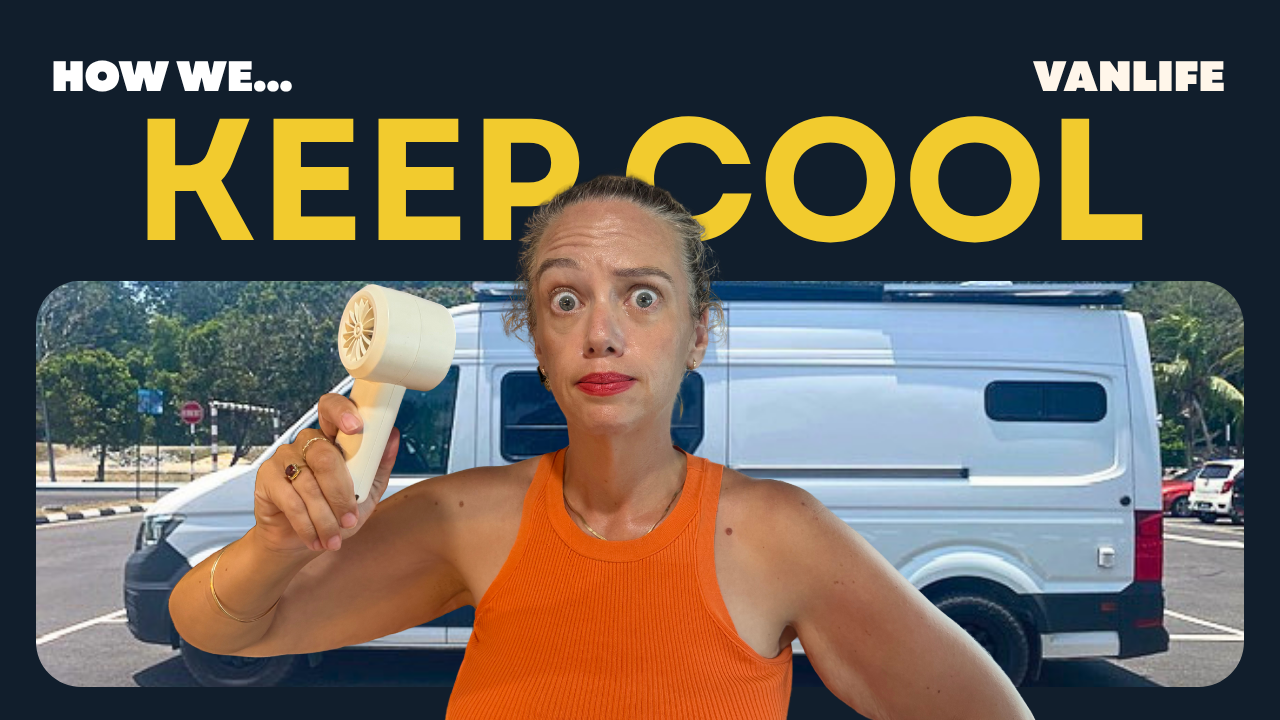 Megan holding handheld fan. "how we keep cool" is written in the background